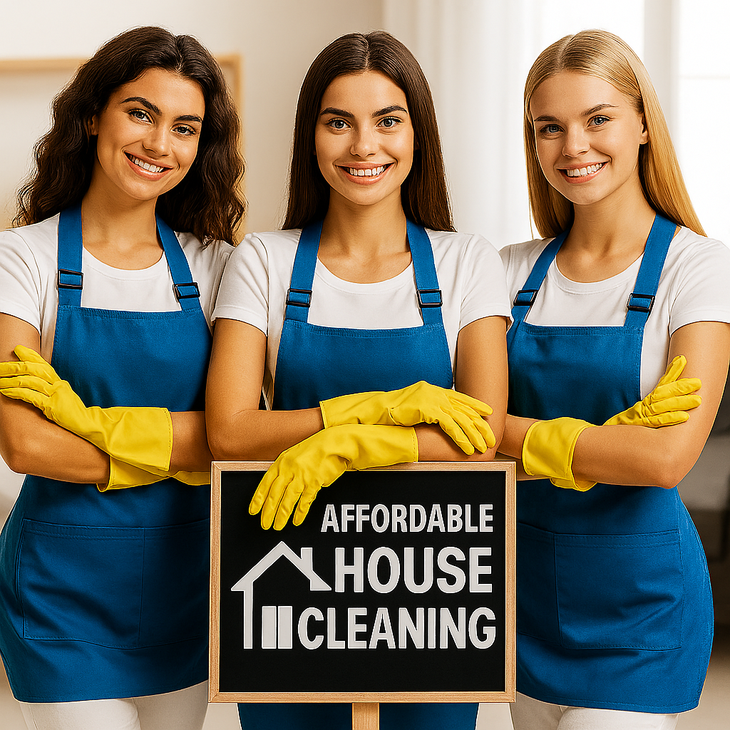 Three professional house cleaners from Colorado Springs House Cleaning in Monument CO stand in front of a sign that reads affordable house cleaning monument co