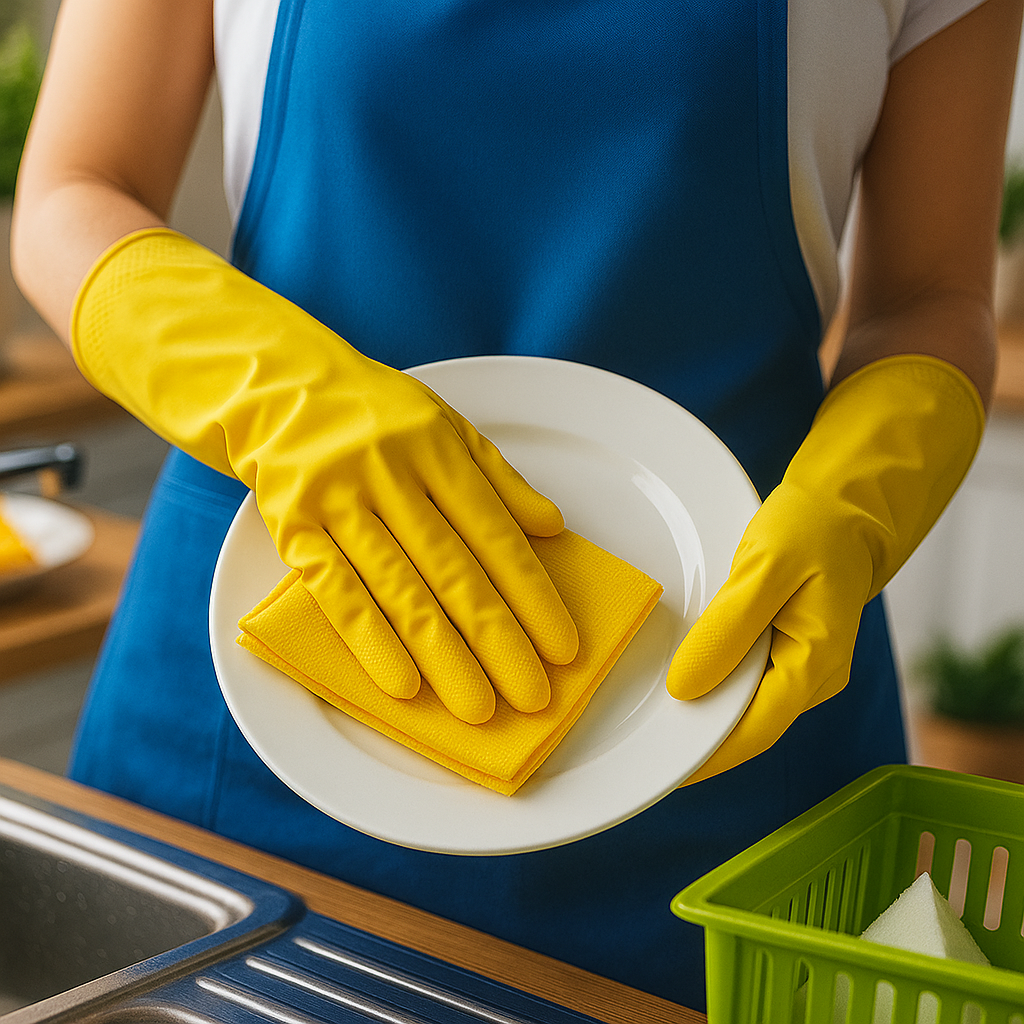 House cleaner washing dishes in Manitou Springs CO kitchen during recurring house cleaning service