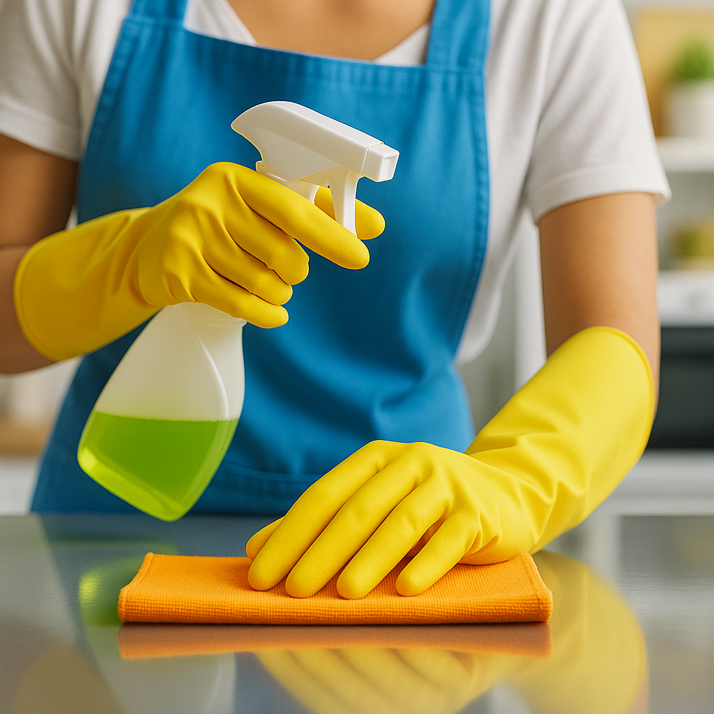 Professional house cleaner wiping countertop during deep cleaning service in Manitou Springs CO