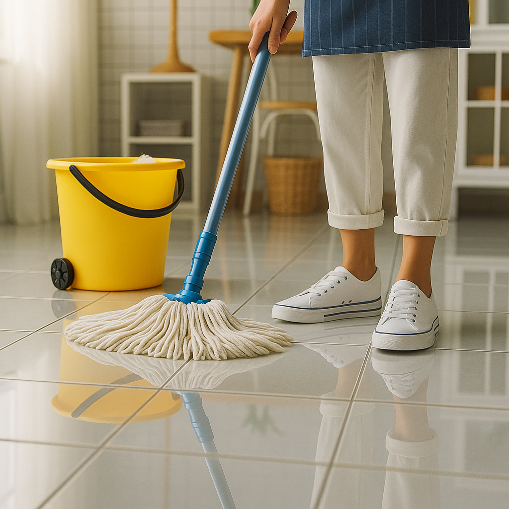 Professional house cleaner mopping floor during house cleaning service in Manitou Springs CO